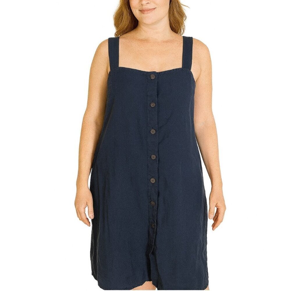 Spencer Tyler midi dress navy blue 100% Linen button up pockets SZ SM -flawed